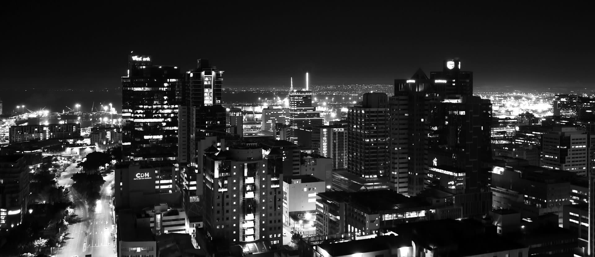 City skyline at night, in monochrome
